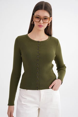 Knappad Slim Fit Ribbad Stickad Cardigan
