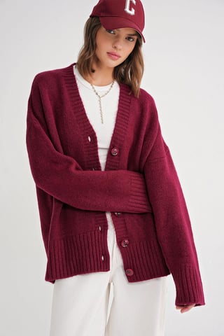 Buttoned V-Neck Ribbed Knit Cardigan
