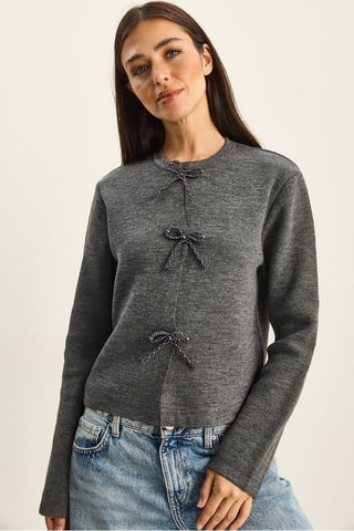 Crew Neck Knit Cardigan with Bow Detail