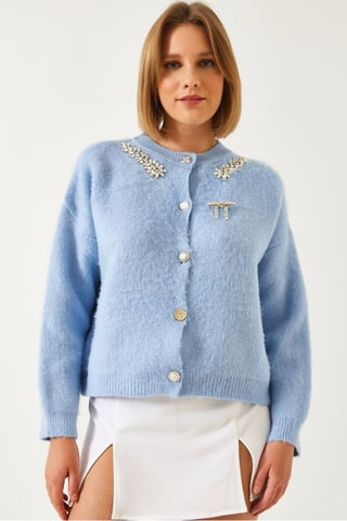 Embellished Crew Neck Long Sleeve Cardigan