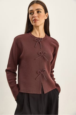 Crew Neck Knit Cardigan with Bow Detail