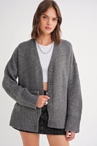 Buttoned V-Neck Ribbed Knit Cardigan