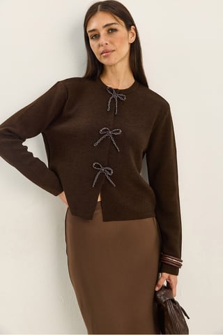 Crew Neck Knit Cardigan with Bow Detail