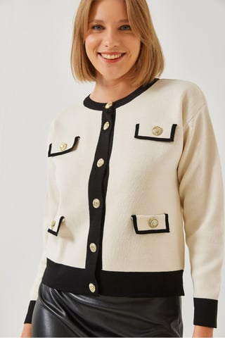 Patterned Acrylic Crew Neck Cardigan with Pockets