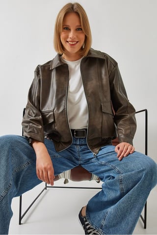 Faux Leather Loose Fit Jacket with Shirt Collar