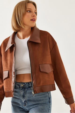Faux läder kort boxjacka med skjortkrage