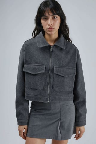 Crop Gabardine Jacket with Zipper and Pocket