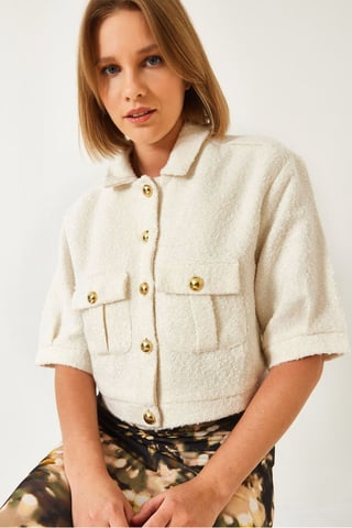 Cropped Plush Buttoned Jacket with Shirt Collar