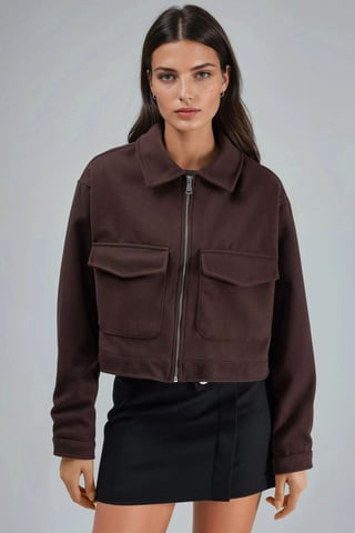 Crop Gabardine Jacket with Zipper and Pocket