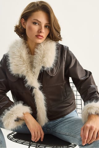 Faux Leather Coat with Faux Fur Detail