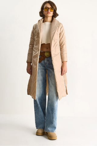 Textured Shawl Collar Midi Puffer Jacket with Tie Closure
