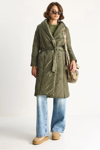 Textured Shawl Collar Midi Puffer Jacket with Tie Closure