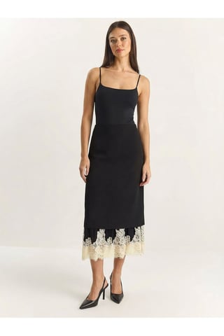 High Waist Midi Skirt with Lace Bottom