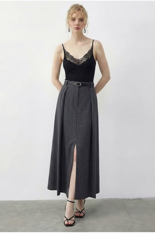 High Waist Midi A-Line Skirt with Belt