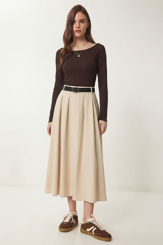 Belted High Waist Midi Skirt