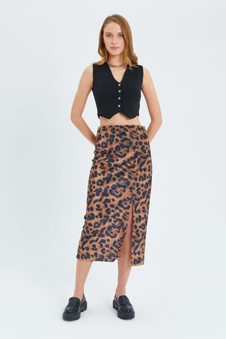 Leopard Print High Waist Midi Skirt with Slit