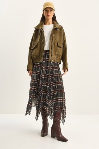 Lined Checkered Midi Skirt