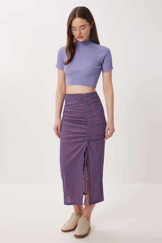 High Waist Geometric Print Midi Bodycon Skirt with Slit