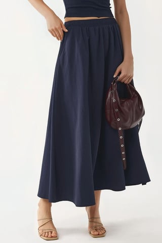 Elastic Waist Midi Skirt with Pockets