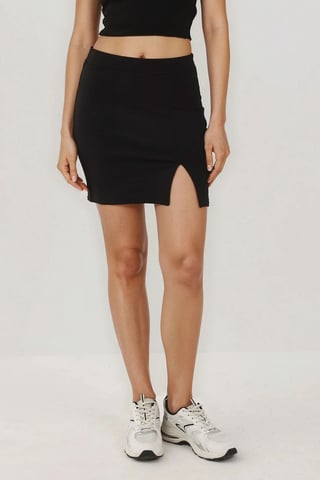 Elastic Waist Mini Skirt with Slit