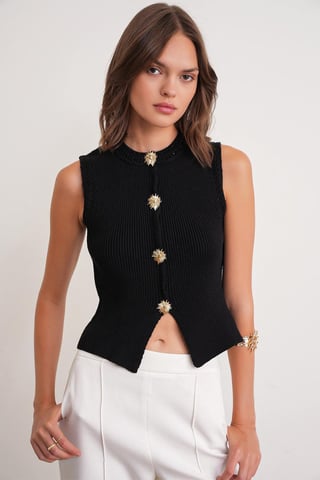Texturerad Stickad Cropp Topp med Knappar