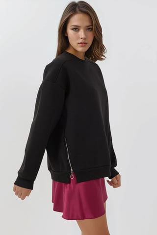 Textured Crew Neck Sweatshirt with Zipper Detail