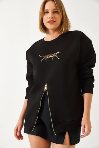 Embroidered Crew Neck Sweatshirt with Zipper
