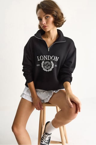 Zipper Collar Printed Relaxed Fit Sweatshirt