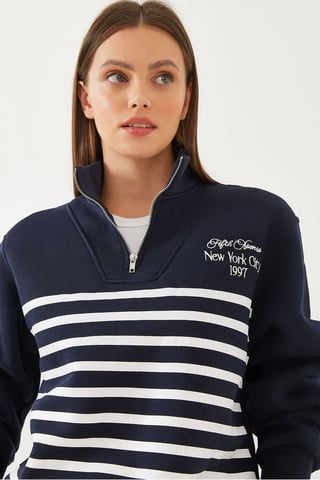 Striped Half-Zip Relaxed Fit Sweatshirt with Embroidery