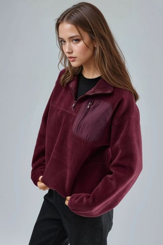 Zipper Collar Plush Knit Sweatshirt with Pocket