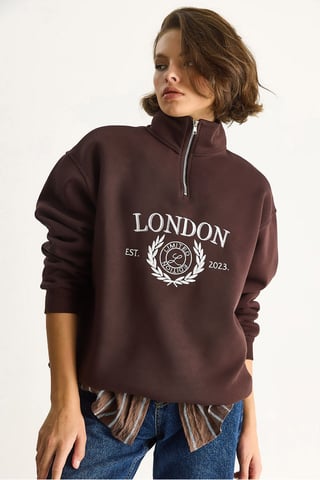 Zipper Collar Printed Relaxed Fit Sweatshirt