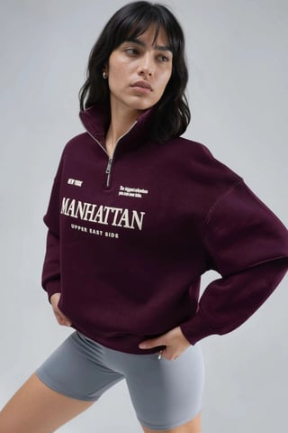 Oversized Text Print Zipper Collar Sweatshirt