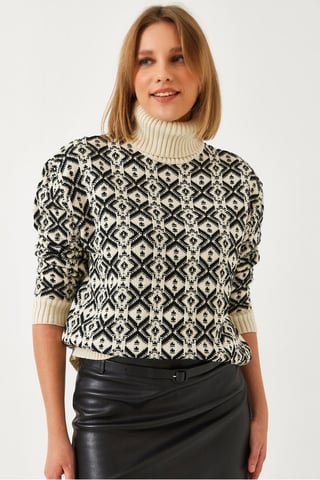 Geometrisk Stickad Cropptröja med Högt Halsband