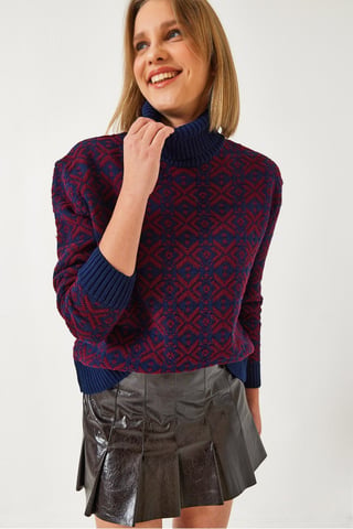 Geometric Knit Crop Sweater with Turtleneck