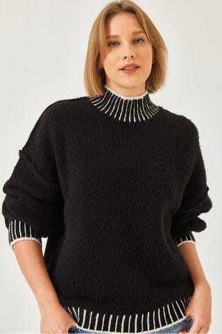 Patterned Turtleneck Loose Fit Sweater