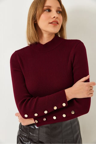 Textured Knitwear Turtleneck Sweater with Button Cuff