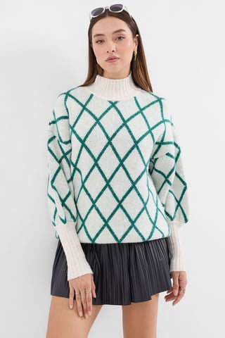 Oversized Geometric Pattern Turtleneck Sweater