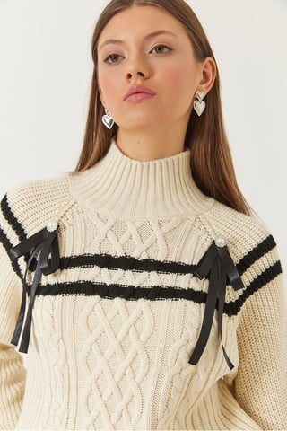 Turtleneck Baklava Knit Sweater with Ribbon Detail