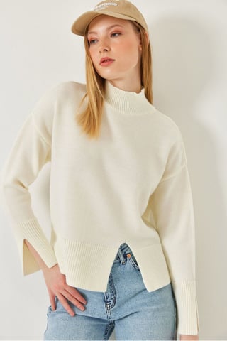 Relaxed Fit Turtleneck Sweater with Slit