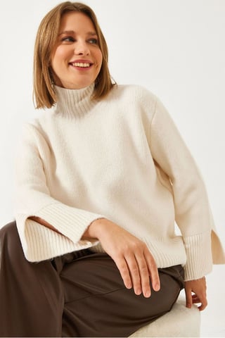 Turtleneck Relaxed Fit Sweater with Slit Detail