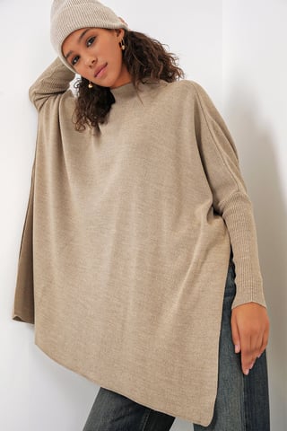 Slit Detailed Half Turtleneck Loose Sweater