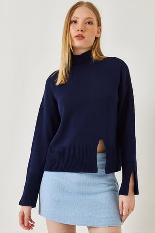 Relaxed Fit Turtleneck Sweater with Slit
