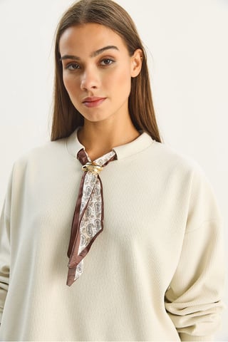 Crew Neck Ribbed Sweatshirt with Scarf Accessory Detail