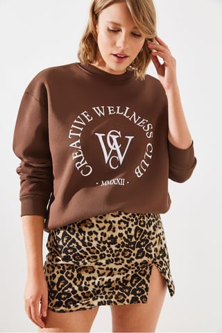Crew Neck Cotton Sweatshirt with Motto Print