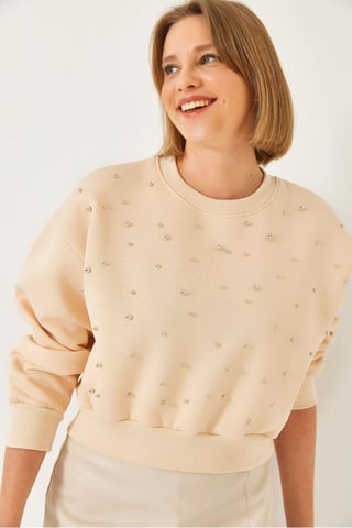 Patterned Crew Neck Pullover with Pompom