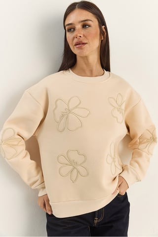 Broderad Crew Neck Långärmad Tröja