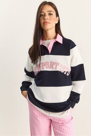 Oversized Polo Collar Embroidered Sweatshirt