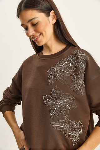 Floral Embellished Crew Neck Relaxed Fit Sweatshirt