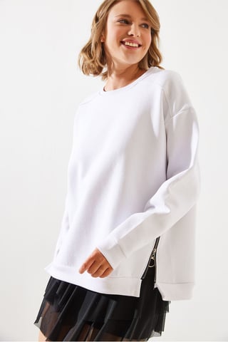 Crew Neck Zipper Detailed Sweatshirt