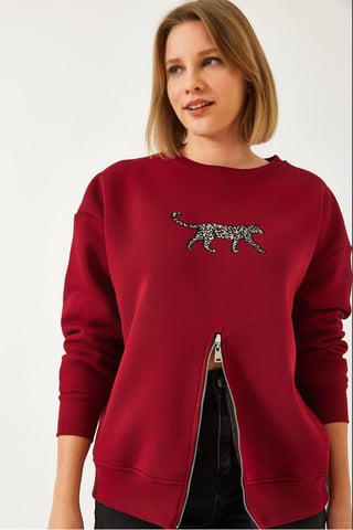 Embroidered Crew Neck Sweatshirt with Zipper
